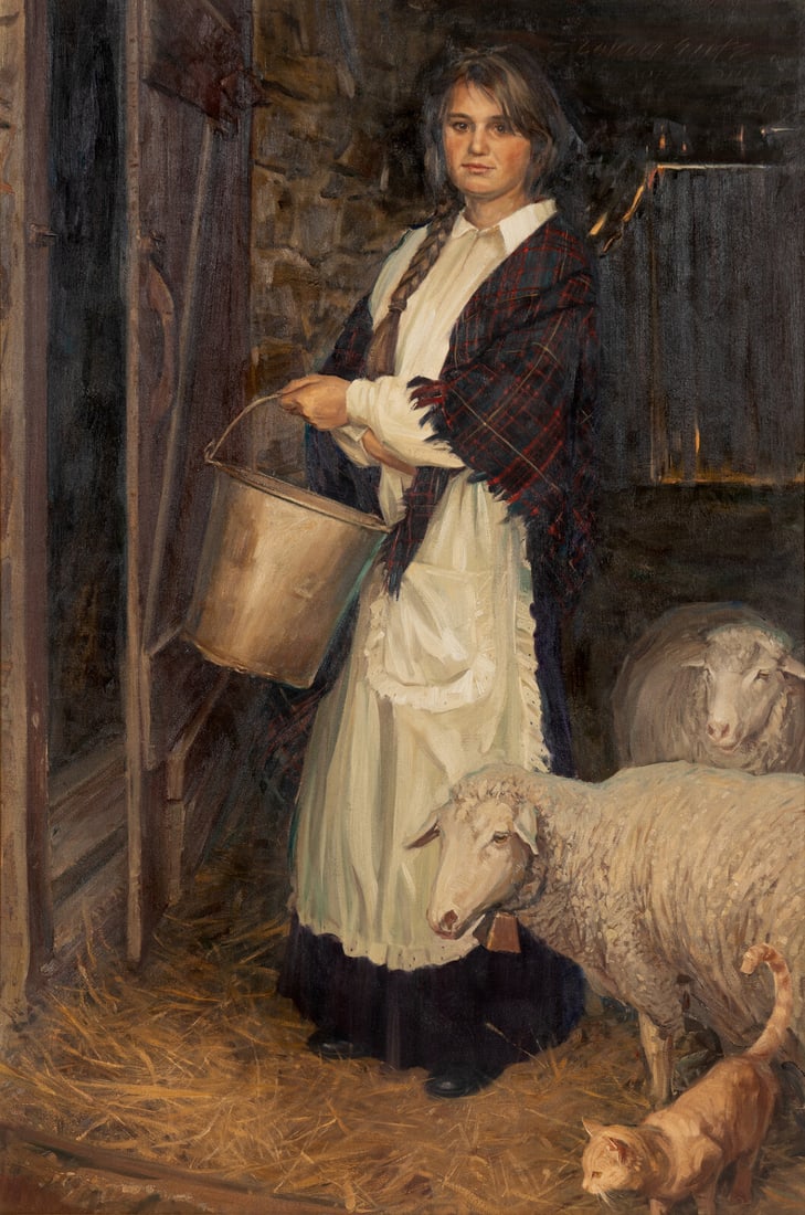Loren Entz (American, 1949-2022) Tatyana: Loren Entz (American, 1949-2022) Tatyana oil on canvas signed Loren Entz CA and signed in Cyrillic (upper right) 60 x 40 in. Property from the Estate of Richard and Deanna Freeland, Fort Wayne, Indian
