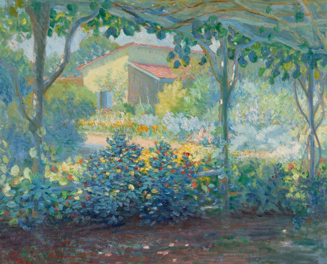 Albert Schmidt (American, 1885-1957) Tesuque Garden: Albert Schmidt (American, 1885-1957) Tesuque Garden oil on panel 25 3/4 x 32 in. Property from the Estate of Richard and Deanna Freeland, Fort Wayne, Indiana This lot is located in Philadelphia. Prove