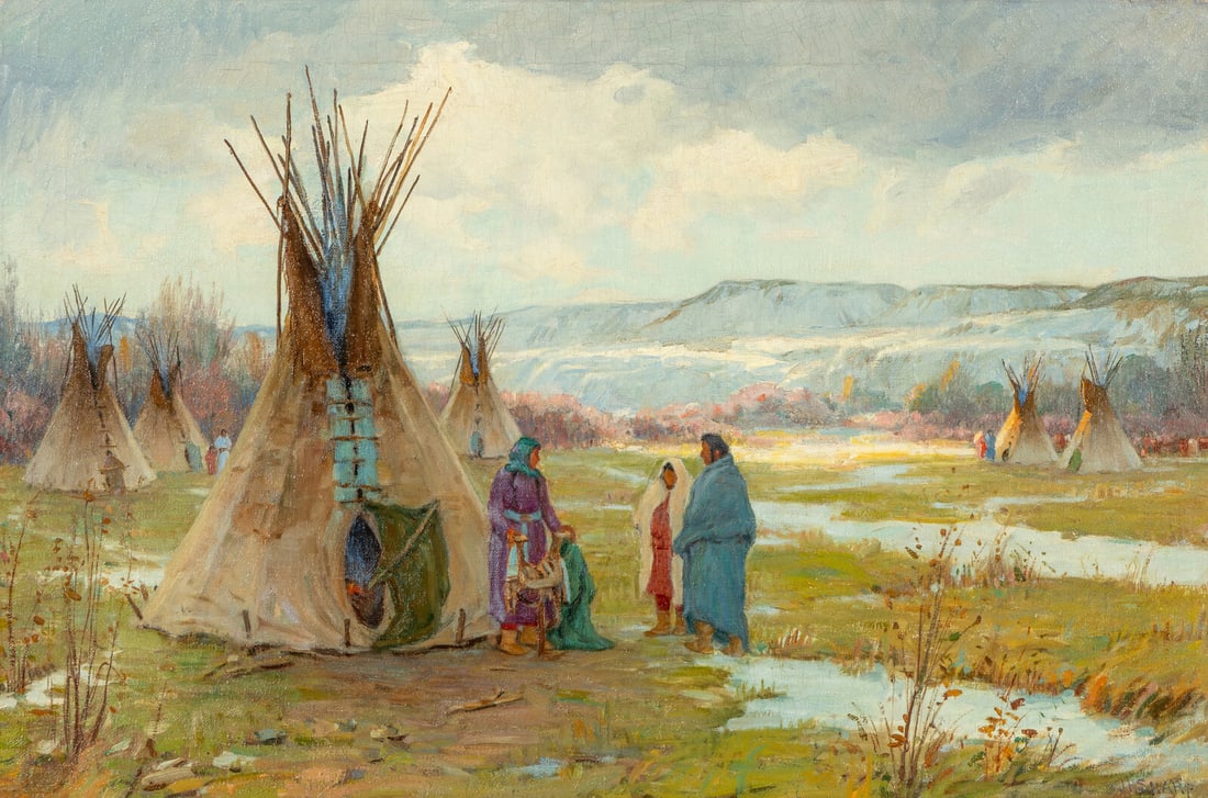 Joseph Henry Sharp (American, 1859-1953) Sunburst Crow Reservation: Joseph Henry Sharp (American, 1859-1953) Sunburst Crow Reservation oil on canvas signed J H SHARP (lower right); inscribed (on the stretcher) 20 1/4 x 30 1/4 in. Property from the Estate of Richard an