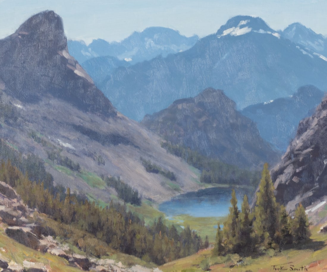 Tucker Smith (American, b. 1940) Top of the Wind Rivers (Clark Lake), 1989: Tucker Smith (American, b. 1940) Top of the Wind Rivers (Clark Lake), 1989 oil on paperboard signed Tucker Smith (lower right); inscribed by artist (backboard) 10 x 12 in. This lot is located in Phila