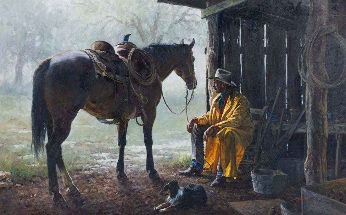 Martin Grelle (American, b. 1954) Rainy Day Ponderin': Martin Grelle (American, b. 1954) Rainy Day Ponderin' oil on canvas signed Martin Grelle © (lower right) 30 x 48 in. This lot is located in Philadelphia. Provenance Provenance: Overland Gal