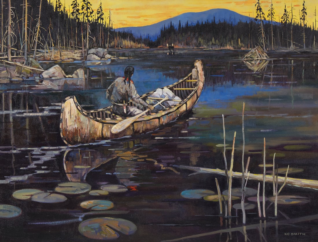 Keith C. Smith (Canadian, 1924-2000) Indian in Canoe: Keith C. Smith (Canadian, 1924-2000) Indian in Canoe oil on canvas signed KC Smith (lower right) 32 x 42 in. From an Old Hollywood Family This lot is located in Philadelphia.