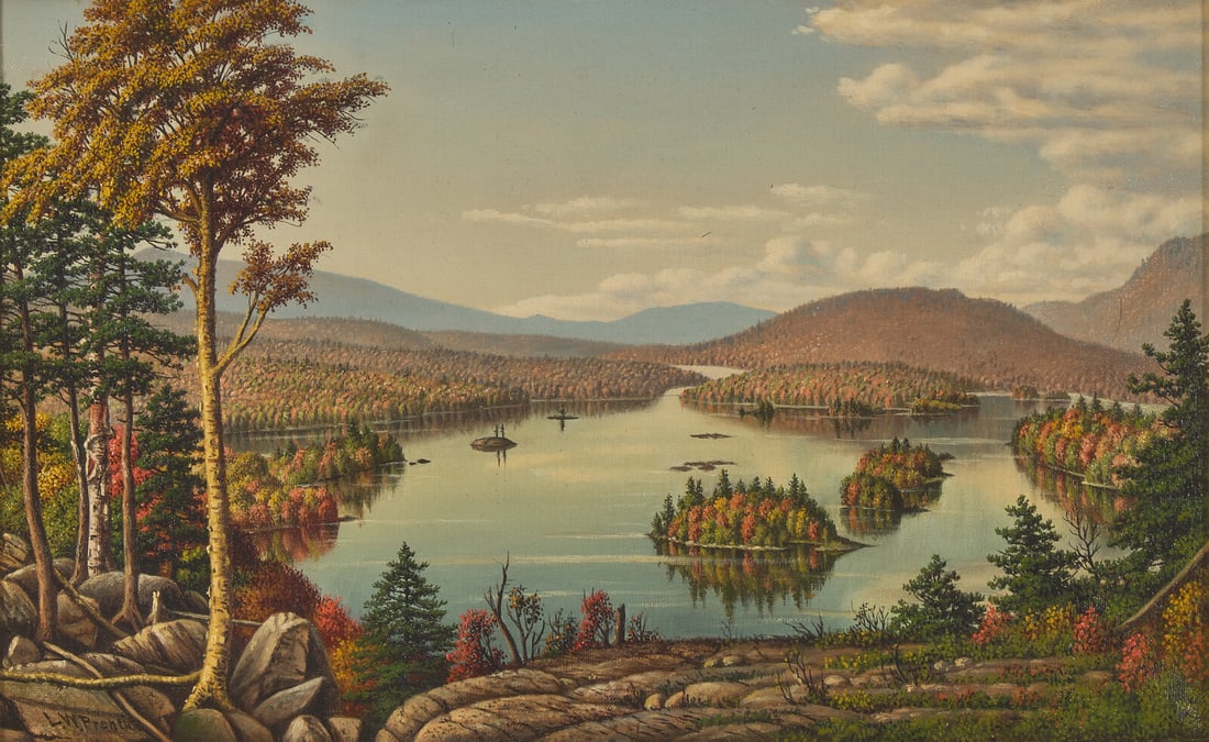 Levi Prentice (American, 1851-1935) Blue Mountain Lake: Levi Prentice (American, 1851-1935) Blue Mountain Lake oil on canvas signed L. W. Prentice (lower left) 12 x 20 in. Property of an Important Private Collector, New England Provenance The Jordan-Volpe 
