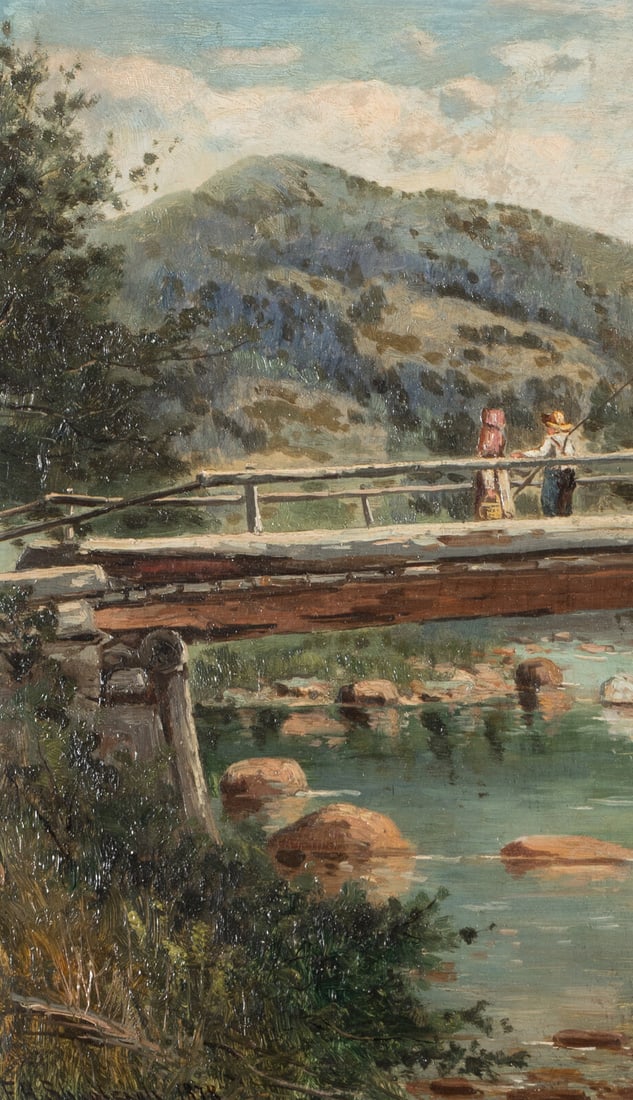 Frank Henry Shapleigh (American, 1842-1906) The Bridge at Jackson, New Hampshire, 1878: Frank Henry Shapleigh (American, 1842-1906) The Bridge at Jackson, New Hampshire, 1878 oil on board signed F. H. Shapleigh and dated (lower left); also signed F. H. Shapleigh, titled, and dated (on th
