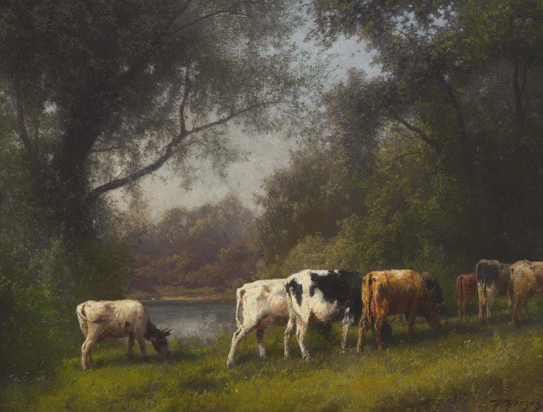Hermann Herzog (American/German, 1832-1932) Pastoral Landscape, Cows by Water's Edge, c. 1880: Hermann Herzog (American/German, 1832-1932) Pastoral Landscape, Cows by Water's Edge, c. 1880 oil on canvas signed H. Herzog (lower right) 19 1/8 ? 25 1/8 in. The present lot is being sold to benefit 