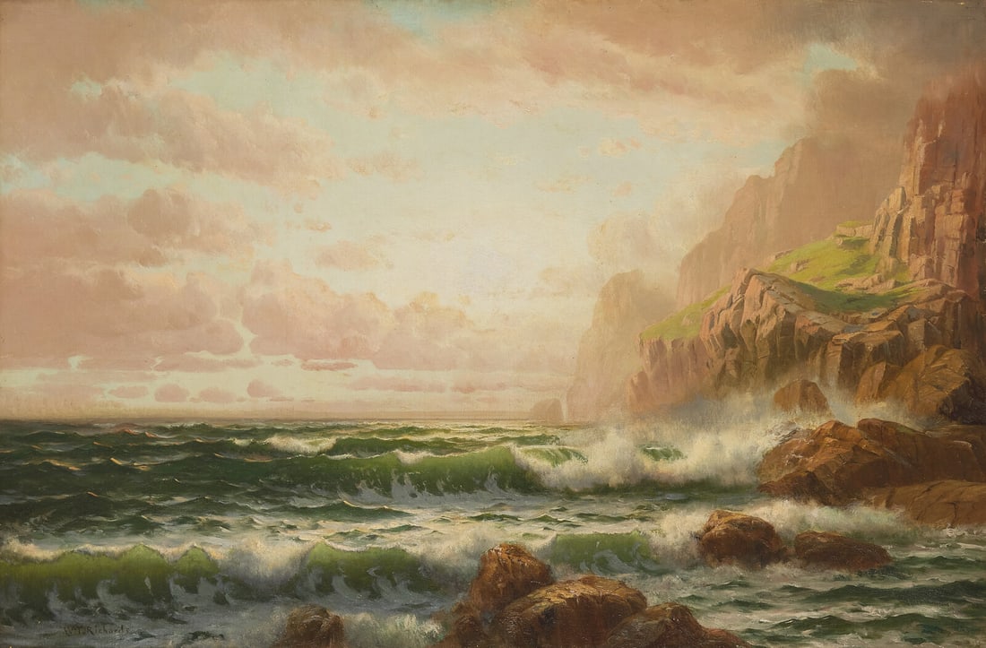 William Trost Richards (American, 1833-1905) Sea at Cornwall: William Trost Richards (American, 1833-1905) Sea at Cornwall oil on canvas signed Wm. T. Richards (lower left) 25 1/4 x 38 in. Property of an Important Private Collector, New England Provenance: Jense