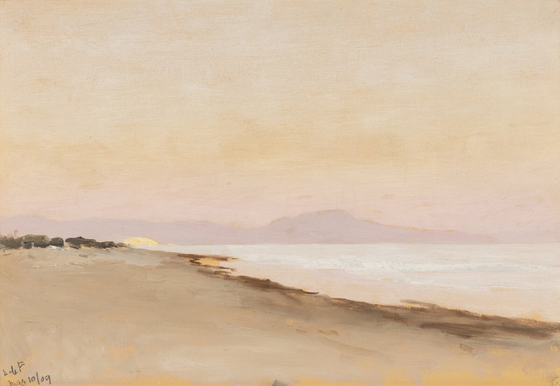 Lockwood de Forest (American, 1850-1932) Coastal Hues, California, 1909: Lockwood de Forest (American, 1850-1932) Coastal Hues, California, 1909 oil on board mounted on board signed L de F and dated (lower left); also inscribed Beach, Santa Barbara and dated (on the revers