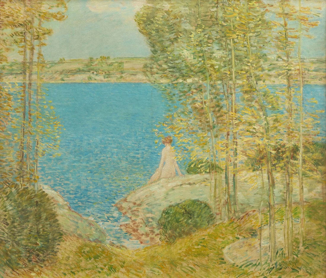 Childe Hassam (American, 1859-1935) The Bather (The Bather I), 1904: Childe Hassam (American, 1859-1935) The Bather (The Bather I), 1904 oil on canvas signed Childe Hassam and dated, with the artist's crescent device (lower right) 45 x 52 in. This painting will be incl