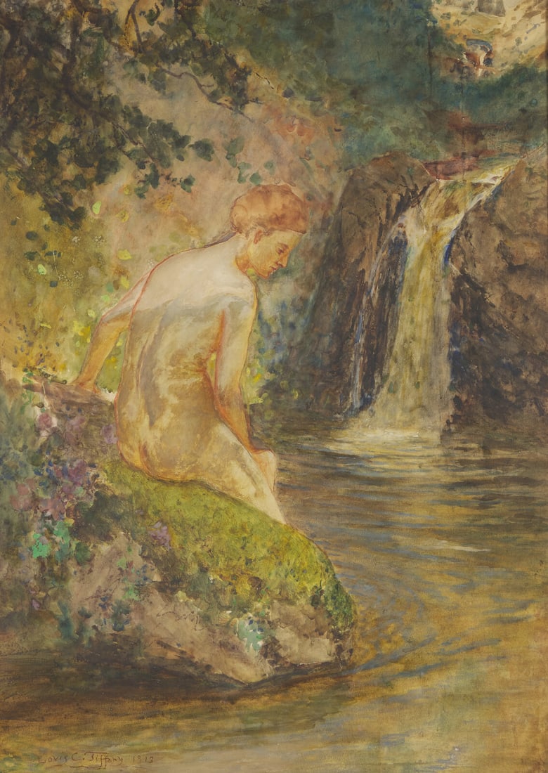 Louis Comfort Tiffany (American, 1848-1933) Woman by a Stream, 1913: Louis Comfort Tiffany (American, 1848-1933) Woman by a Stream, 1913 gouache and watercolor on paper laid to board signed Louis C. Tiffany and dated (lower left) 28 7/8 x 20 7/8 in. We wish to thank Ro