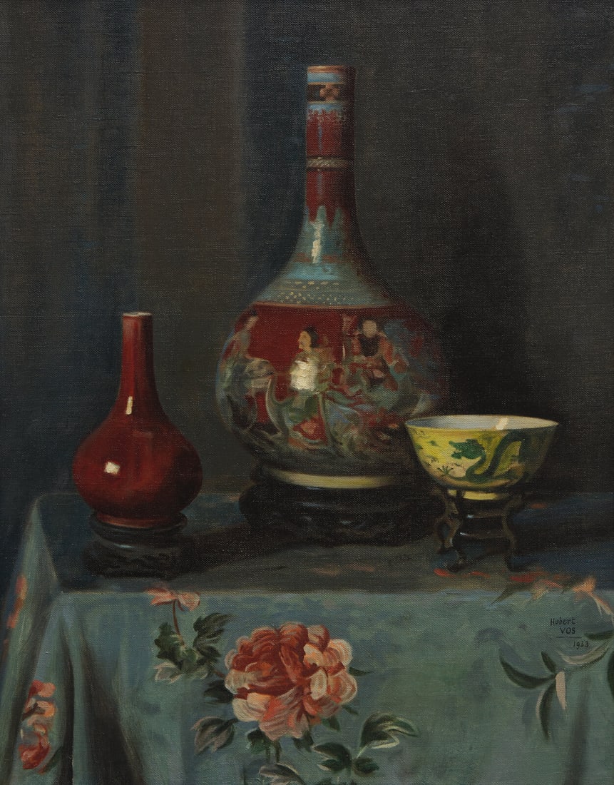 Hubert Vos (American, 1855-1935) Still Life with Chinese Sang-de-boeuf Vase, Copper Red and Famille (1 of 3)