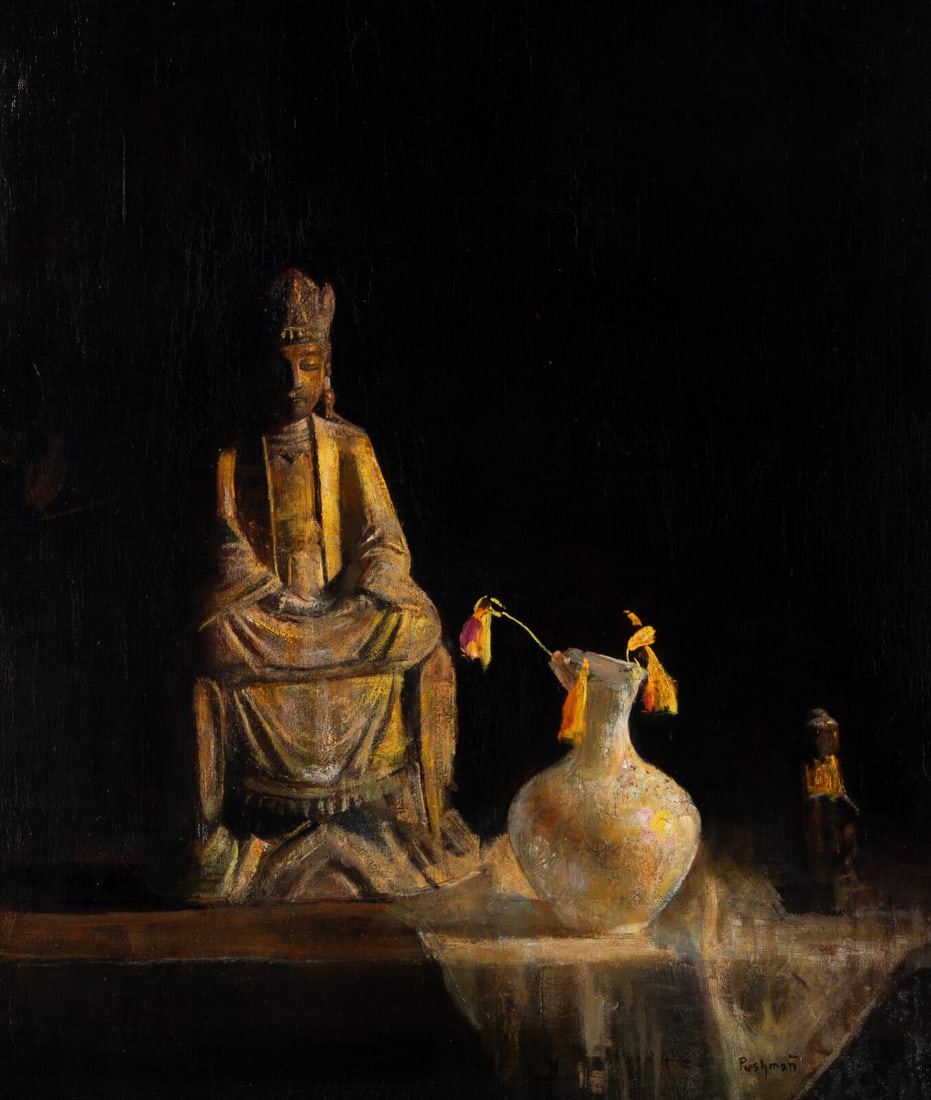 Hovsep Pushman (American, 1877-1966) My Golden Yesterdays, #594, c. 1960: Hovsep Pushman (American, 1877-1966) My Golden Yesterdays, #594, c. 1960 oil on panel mounted to canvas signed Pushman (lower right) 24 1/2 x 20 1/2 in. The present work is included in the virtual cat