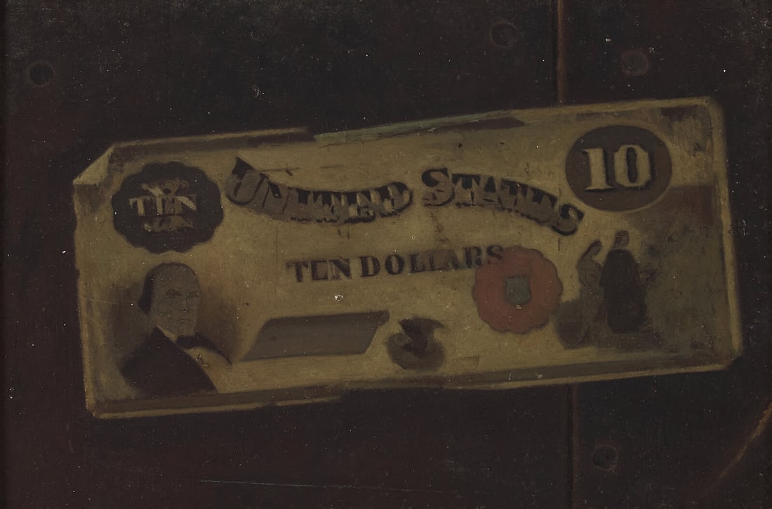 John Frederick Peto (American, 1854-1907) Ten-Dollar Bill, after 1894: John Frederick Peto (American, 1854-1907) Ten-Dollar Bill, after 1894 oil on board 6 1/8 x 9 1/4 in. This lot is recorded in the Smithsonian's Archives of American Art database under no. 7261006. Prov