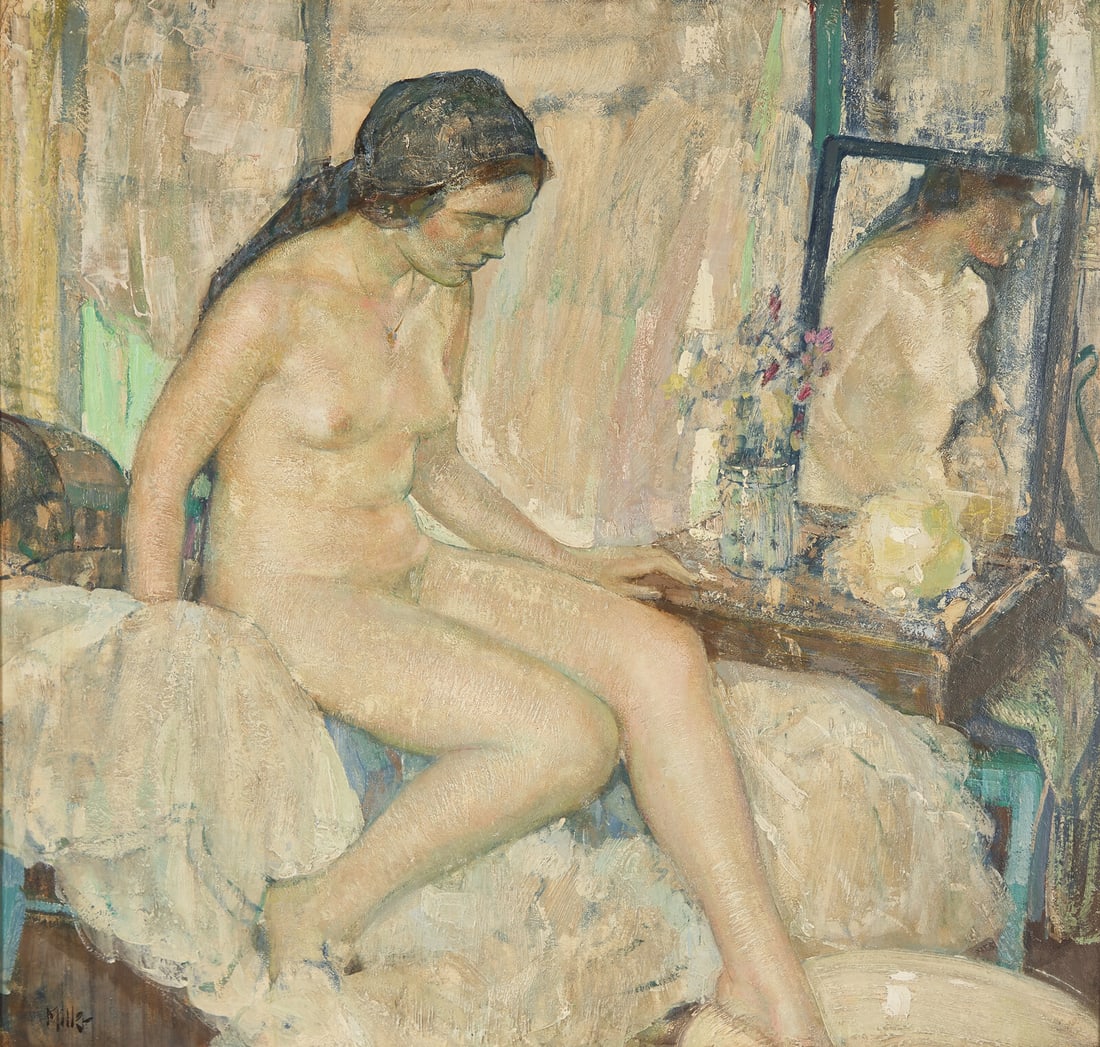 Richard Edward Miller (American, 1875-1943) Bather (Nude), 1930: Richard Edward Miller (American, 1875-1943) Bather (Nude), 1930 oil on board signed Miller (lower left); also signed, dated, titled (three times), and located Provincetown (on the reverse) 36 x 38 in.