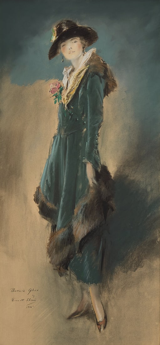 Everett Shinn (American, 1876-1953) Bonnie Glass, 1915: Everett Shinn (American, 1876-1953) Bonnie Glass, 1915 pastel on paper signed Everett Shinn, titled, and dated (lower left) 34 x 16 1/4 in. Housed in a period Walfred Thulin frame. Provenance Adelson 