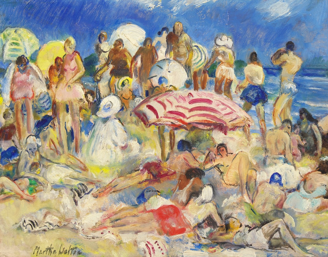 Martha Walter (American 1875-1976) Crowded Beach: Martha Walter (American 1875-1976) Crowded Beach oil on board signed Martha Walter (lower left); also inscribed with title (on the reverse) 14 x 18 in. Provenance The Artist. Estate of the Artist. Dav