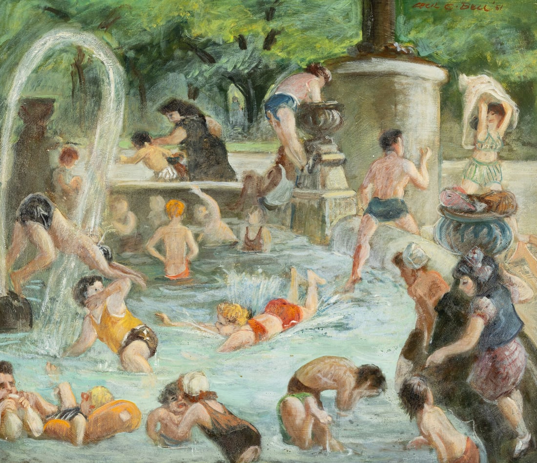 Cecil Crosley Bell (American, 1906-1970) Washington Square Pool, 1951: Cecil Crosley Bell (American, 1906-1970) Washington Square Pool, 1951 oil on Masonite signed Cecil C. Bell and dated (upper right); also titled, with artist's estate stamp (on the reverse) 29 x 34 in.