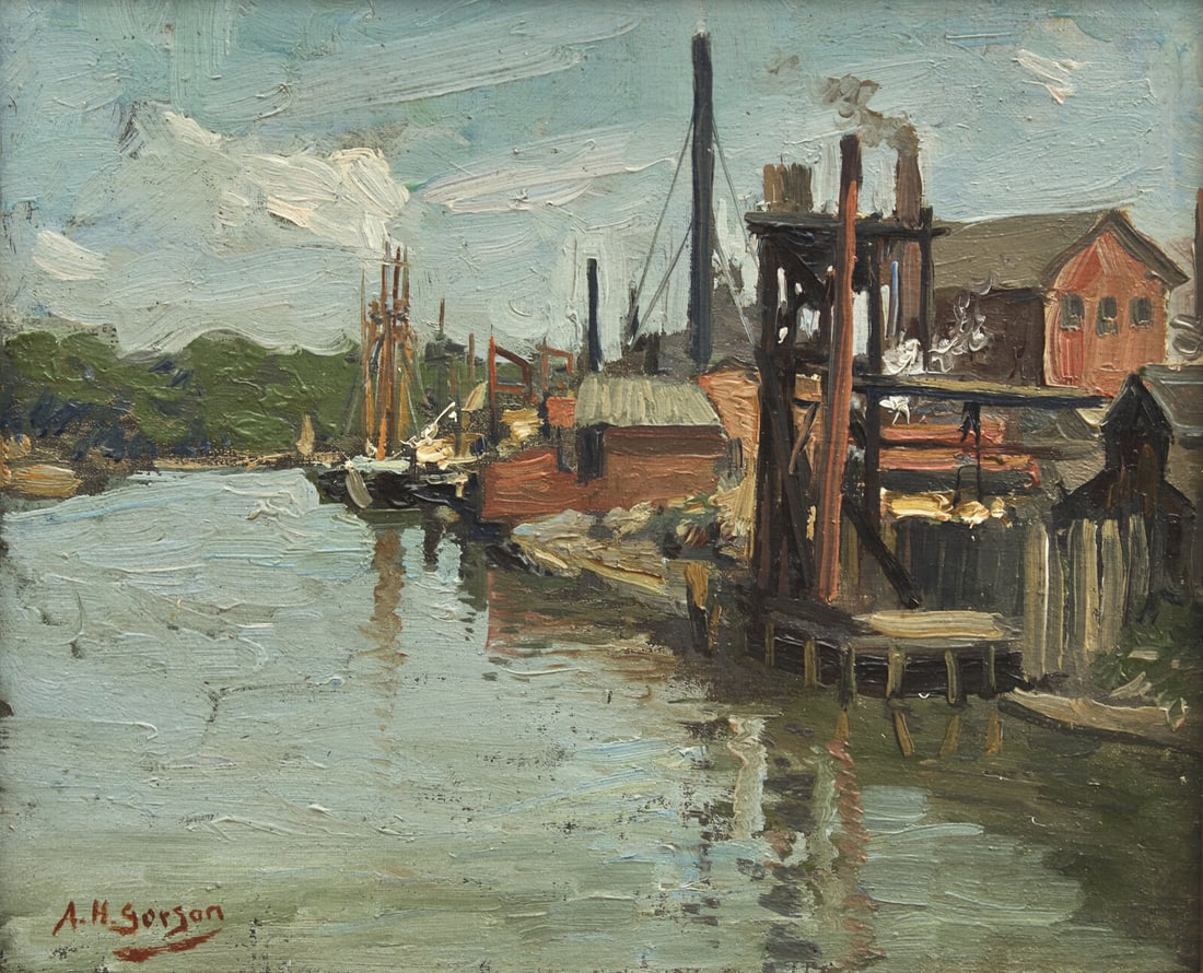 Aaron Gorson (American, 1872-1933) Moorings, Wharfside: Aaron Gorson (American, 1872-1933) Moorings, Wharfside oil on canvas laid to board signed A. H. Gorson (lower left) 9 1/4 x 11 in. Provenance Private Collection, California.