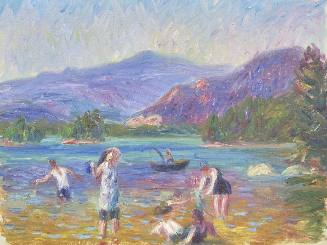 William Glackens (American, 1870-1938) Bathers, Walker?s Pond (New Hampshire), c. 1922: William Glackens (American, 1870-1938) Bathers, Walker?s Pond (New Hampshire), c. 1922 oil on canvas laid to board posthumously stamp signed W. G. by E. G. (on the reverse); also titled, located, and 