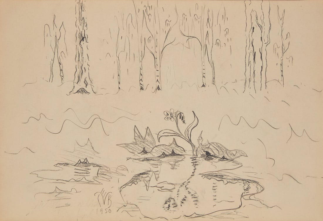 Charles Burchfield (American, 1893-1967) Skunk Cabbage, 1950: Charles Burchfield (American, 1893-1967) Skunk Cabbage, 1950 pencil and cont? crayon on paper monogrammed WEB and dated (lower center left) 10 7/8 x 15 3/4 in. Property from a Private Delaware Collect