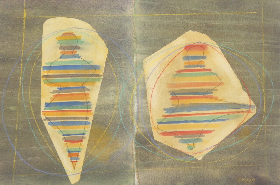Elsie Driggs (American, 1898-1992) Spinning Stones: Elsie Driggs (American, 1898-1992) Spinning Stones pastel, watercolor, collage and pencil on paper mounted to board signed Driggs (lower right); titled and inscribed with artist's name (on label affix