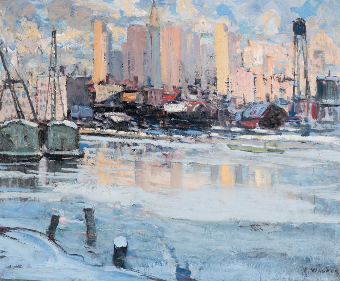 Fred Wagner (American, 1861-1940) The Waterfront, New York: Fred Wagner (American, 1861-1940) The Waterfront, New York oil on canvas signed F. WAGNER (lower right) 25 x 30 in. Provenance R. H. Love Galleries, Chicago, Illinois. Acquired directly from the above