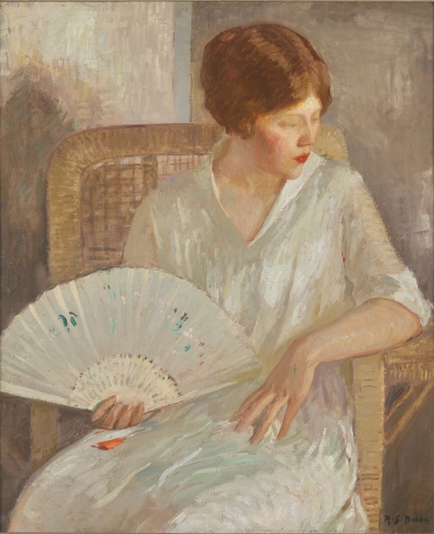 Rae Sloan Bredin (American, 1881-1933) Girl With White Fan, c. 1915: Rae Sloan Bredin (American, 1881-1933) Girl With White Fan, c. 1915 oil on canvas signed R. S. Bredin (lower right); also signed and inscribed with title (stretcher) 30 x 25 in. Provenance The Artist.