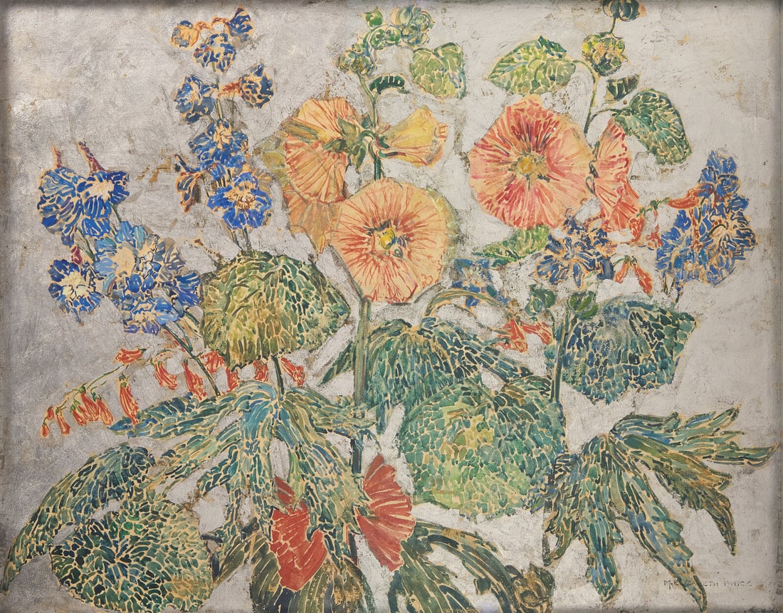 Mary Elizabeth Price (American, 1877-1965) Pattern of Flower and Leaf: Mary Elizabeth Price (American, 1877-1965) Pattern of Flower and Leaf oil with silver leaf mounted to board signed M. ELIZABETH PRICE (lower right); also signed and titled (on label affixed to reverse
