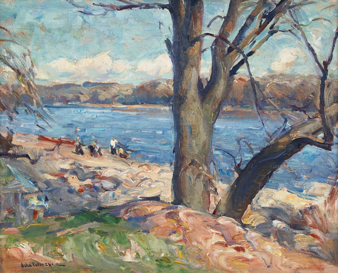 John Fulton Folinsbee (American, 1892-1972) River Shad Fishermen: John Fulton Folinsbee (American, 1892-1972) River Shad Fishermen oil on canvas signed John Folinsbee (lower left); also titled (stretcher) 16 x 20 in. Provenance Private Collection, Bucks County, Penn