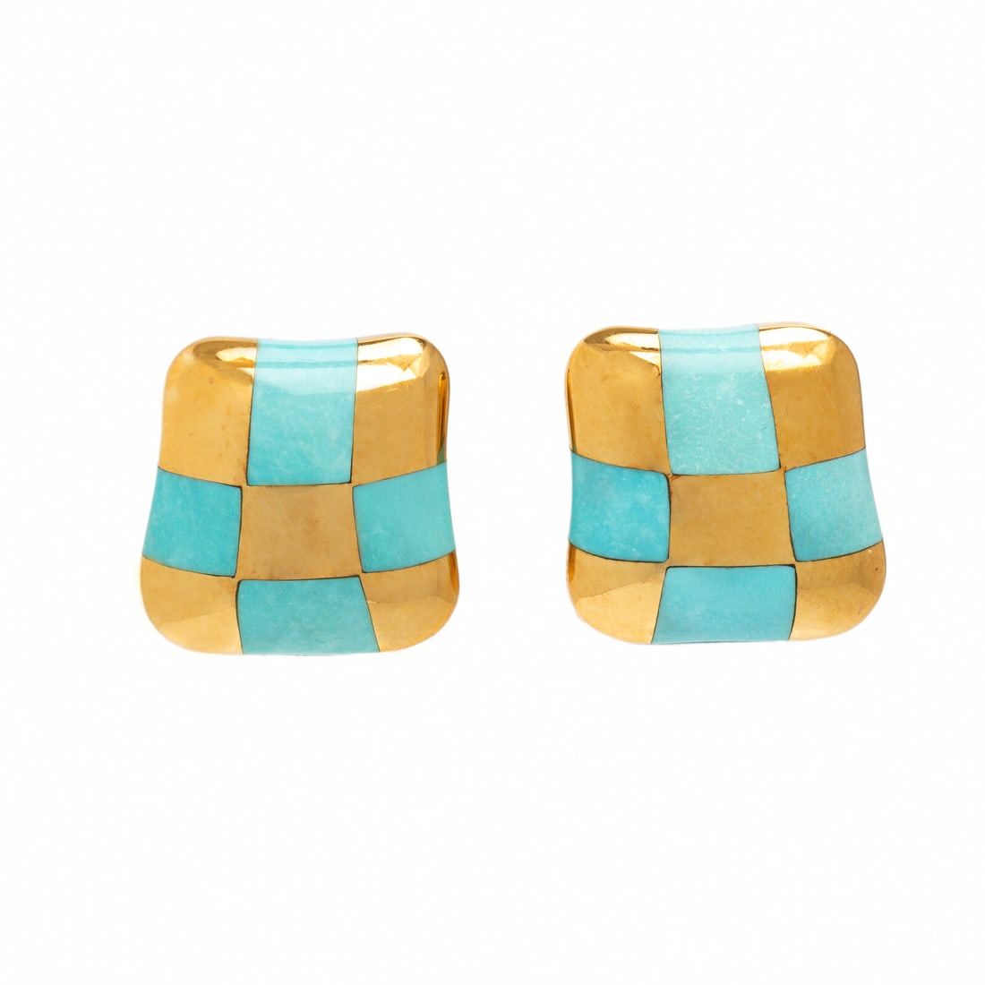 Angela Cummings, Turquoise and Yellow Gold Earrings: Angela Cummings, Turquoise and Yellow Gold Earrings In a stylized checkered design, inlaid with turquoise. Mounted in 18 karat yellow gold. 3/4 inch long. Stamp: ANGELA CUMMINGS 750. Gross weight: 9.7