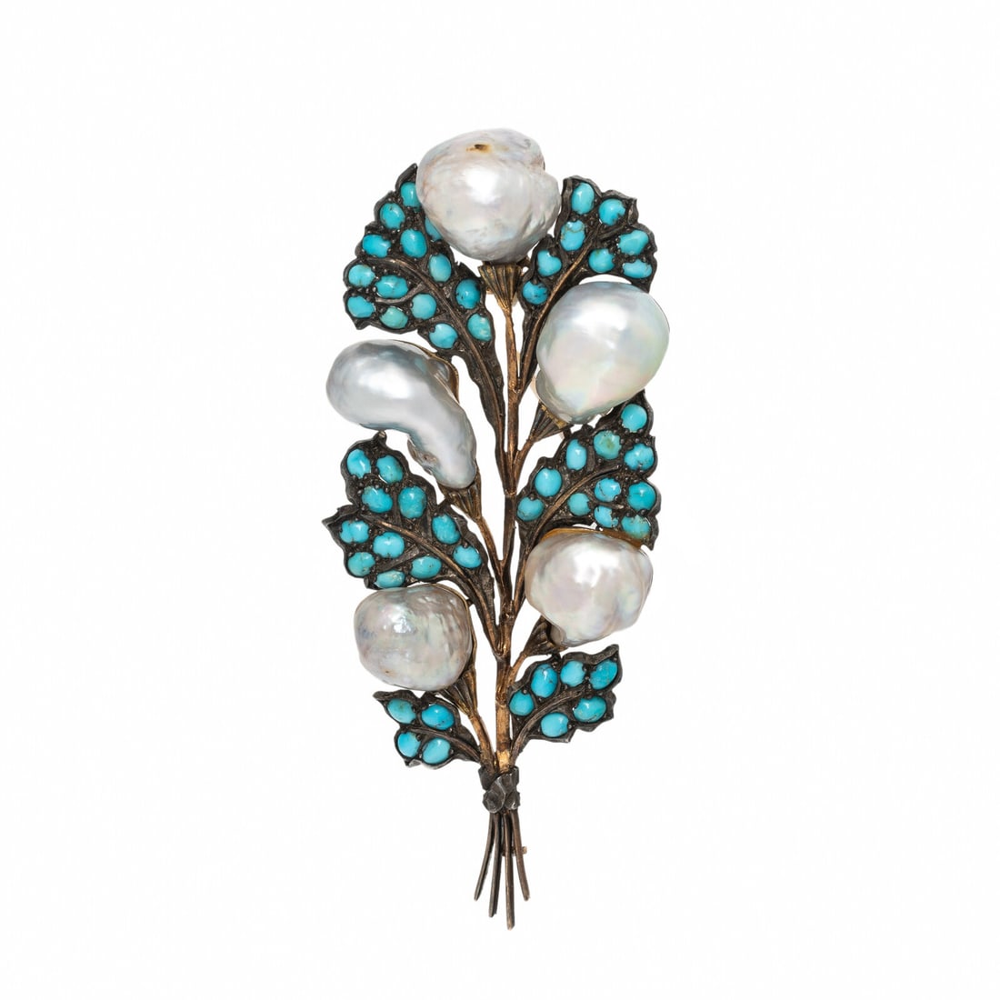 Buccellati, Baroque Cultured Pearl and Turquoise Foliate Brooch: Buccellati, Baroque Cultured Pearl and Turquoise Foliate Brooch In a naturalistic design, set with baroque cultured pearls measuring approximately 11.60 - 16.00 mm and oval cabochon turquoise. Mounted