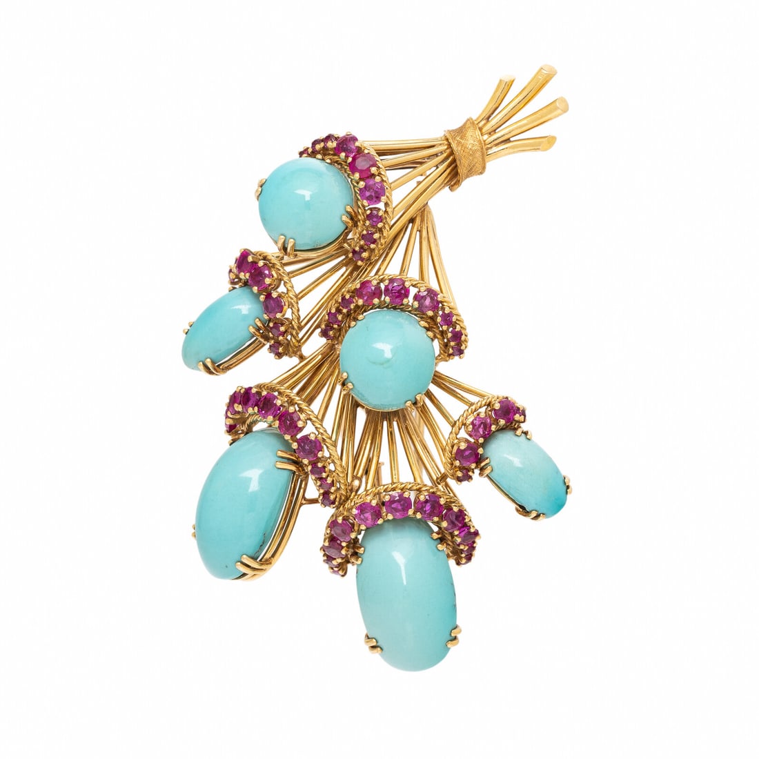 French, Turquoise, Ruby, and Yellow Gold Brooch: French, Turquoise, Ruby, and Yellow Gold Brooch In a bouquet design, set with oval and round cabochon turquoise, measuring approximately 12.30 x 6.75 x 4.45 - 18.80 x 11.25 x 7.05 mm, and round rubies