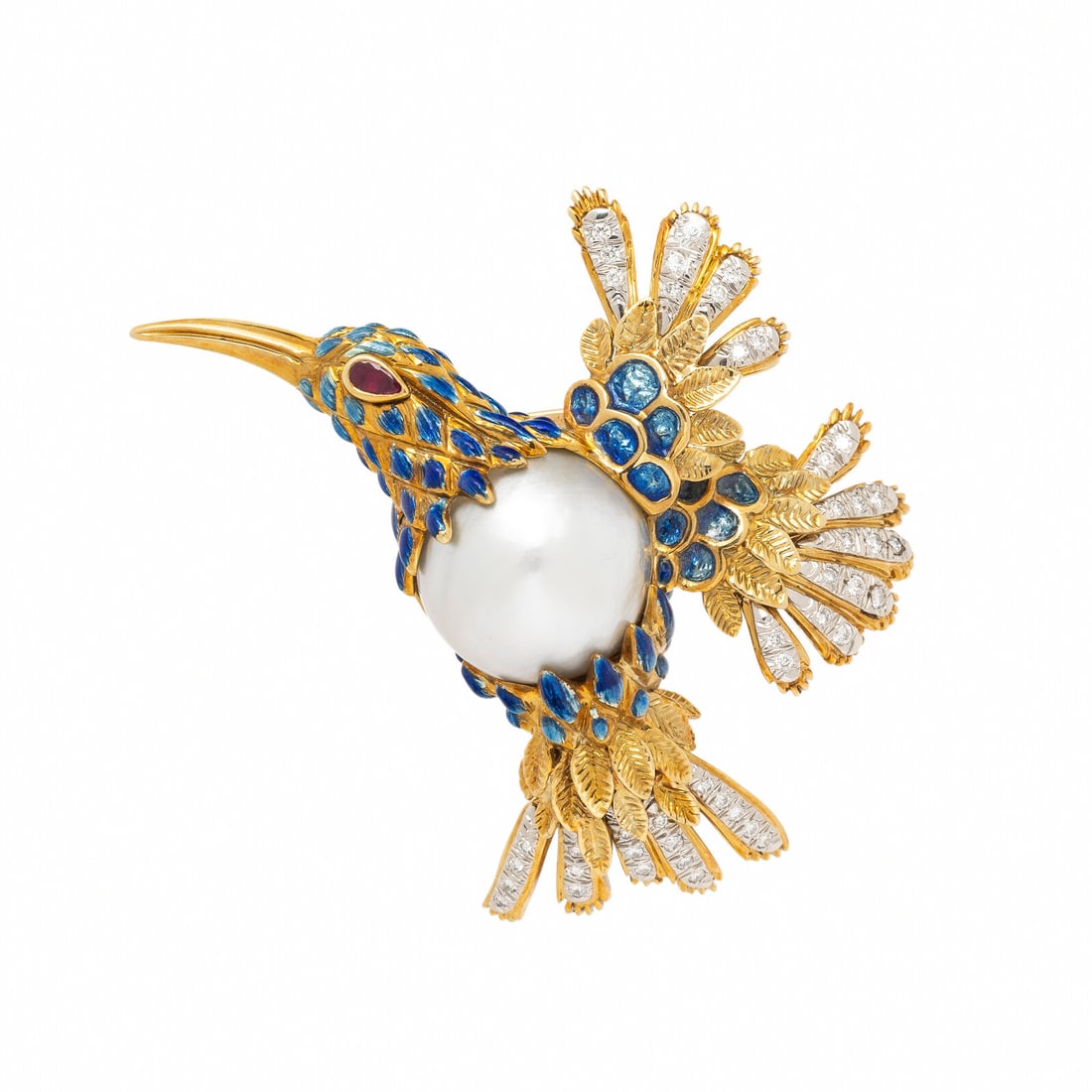 David Webb, Cultured Pearl, Enamel, Diamond and Yellow Gold Hummingbird Brooch (1 of 3)