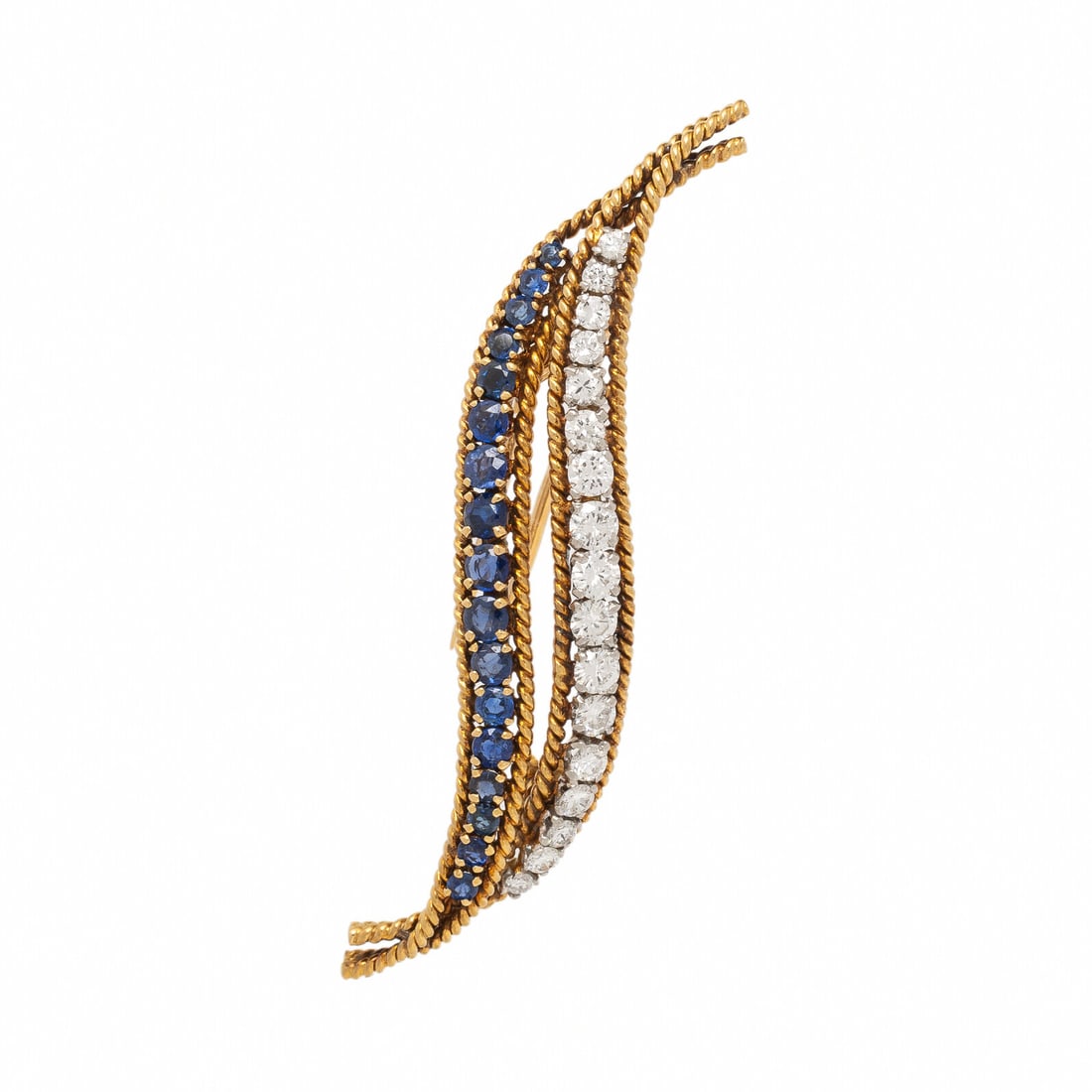 Van Cleef & Arpels, Sapphire, Diamond and Yellow Gold Brooch: Van Cleef & Arpels, Sapphire, Diamond and Yellow Gold Brooch Flame motif featuring graduating round sapphires and round brilliant cut diamonds, the diamonds weighing approximately 0.95 carat total. Mo