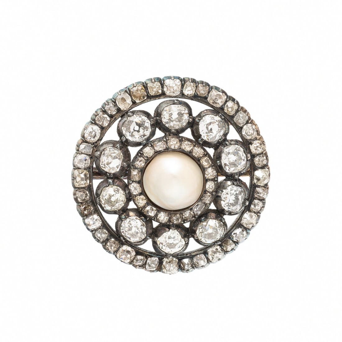 Antique, Silver-Topped Gold, Pearl, and Diamond Brooch: Antique, Silver-Topped Gold, Pearl, and Diamond Brooch Featuring a pearl (not tested for natural origin) measuring approximately 8.95 mm, surrounded by old mine cut diamonds weighing approximately 4.8