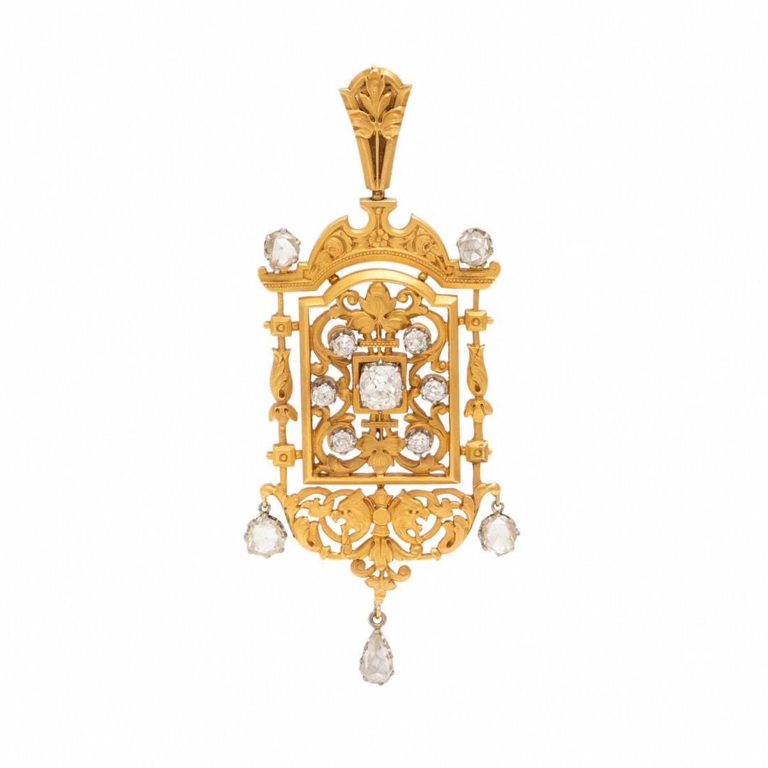 Diamond and Yellow Gold Pendant: Diamond and Yellow Gold Pendant Scrollwork and foliate motif plaque, featuring an old mine cut diamond weighing approximately 0.70 carat, six old mine and old European cut diamonds weighing approximat