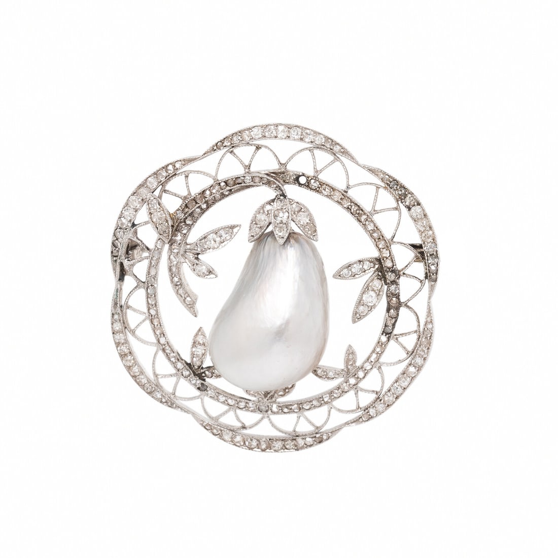 Antique, Natural Silver Pearl, Diamond, and Platinum Brooch: Antique, Natural Silver Pearl, Diamond, and Platinum Brooch Featuring a natural near-drop silver pearl measuring 12.47 mm, in an openwork milgrain design set with old mine and antique cut diamonds. Mo