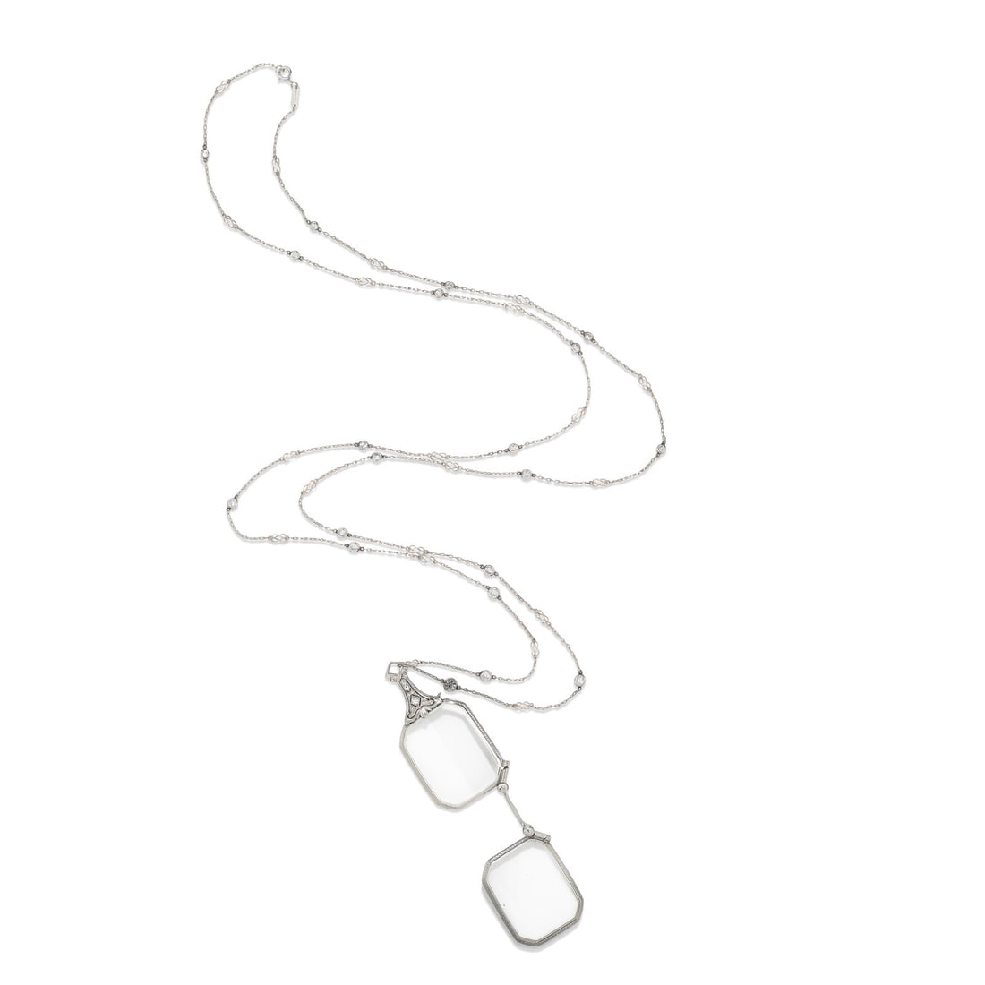 Art Deco, Platinum and Diamond Lorgnette: Art Deco, Platinum and Diamond Lorgnette Set with old European and single cut diamonds weighing approximately 0.35 carat total, on a chain with round brilliant cut diamonds weighing approximately 2.35