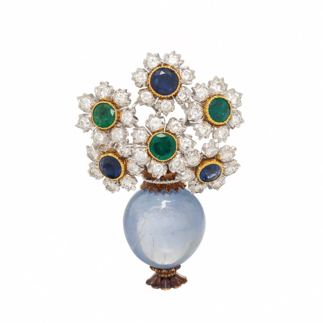 Buccellati, Sapphire, Emerald, and Diamond Giardinetto Brooch: Buccellati, Sapphire, Emerald, and Diamond Giardinetto Brooch Designed as a vase of flowers, featuring an oval cabochon sapphire weighing approximately 43.00 - 45.00 carats by formula, round emeralds 