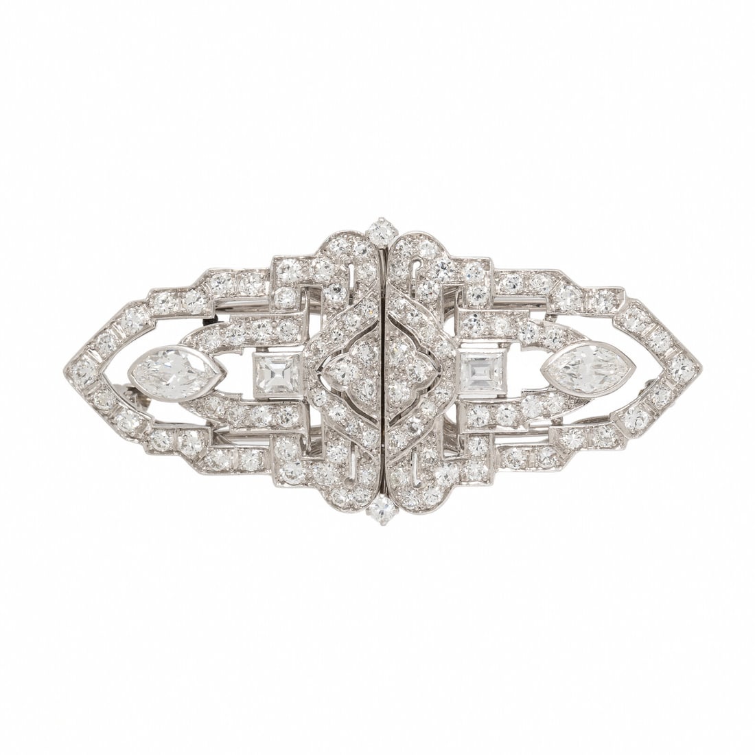 Art Deco, Diamond and Platinum Convertible Dress Clips: Art Deco, Diamond and Platinum Convertible Dress Clips Set with round brilliant, baguette, and marquise cut diamonds weighing approximately 4.30 carats total. Mounted in platinum. 2 1/8 x 1 1/16 inche