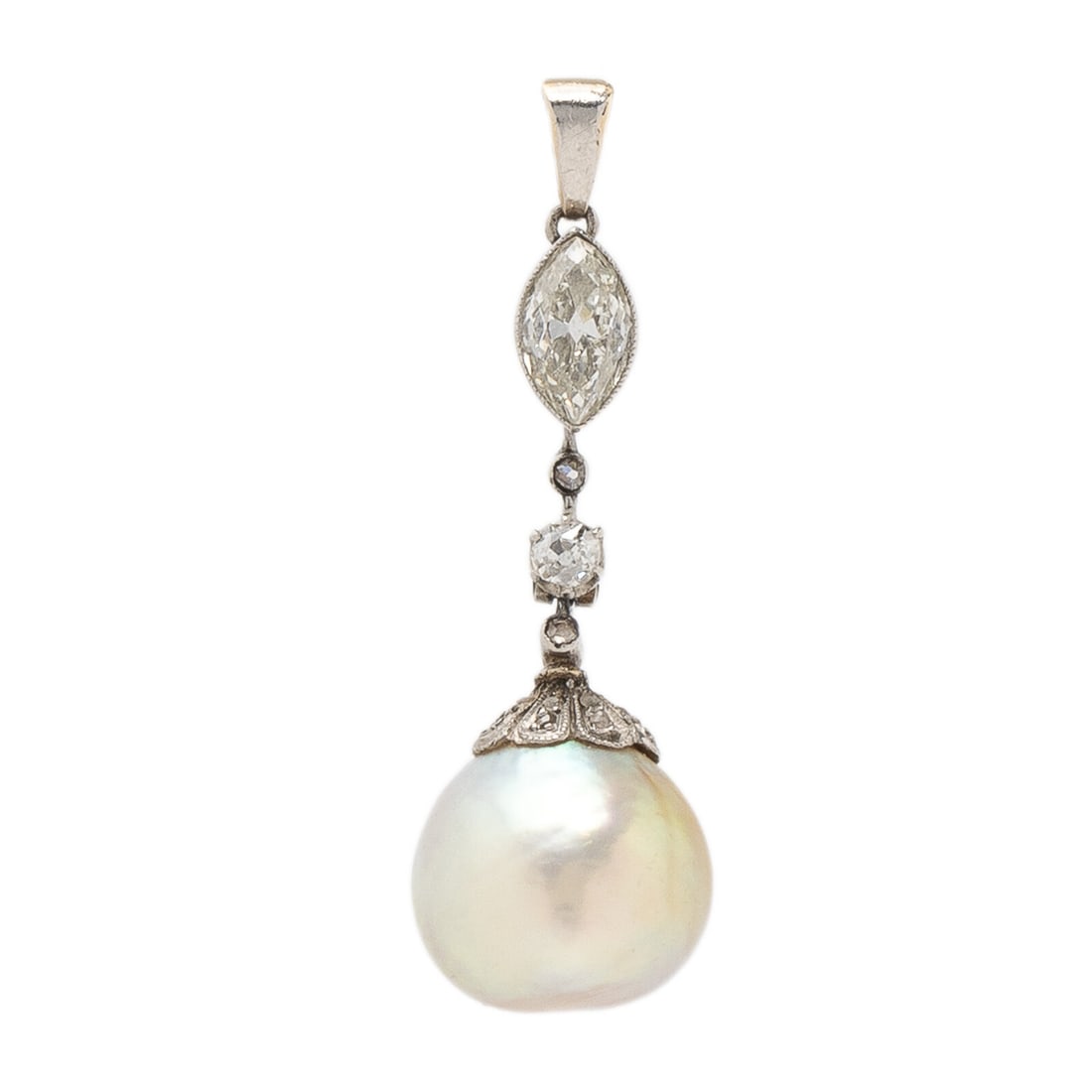 Natural Pearl and Diamond Pendant: Natural Pearl and Diamond Pendant Featuring a natural pearl measuring approximately 11.65 x 9.00 mm, with a marquise cut and an old European cut diamond weighing approximately 0.70 carat total. Mounte