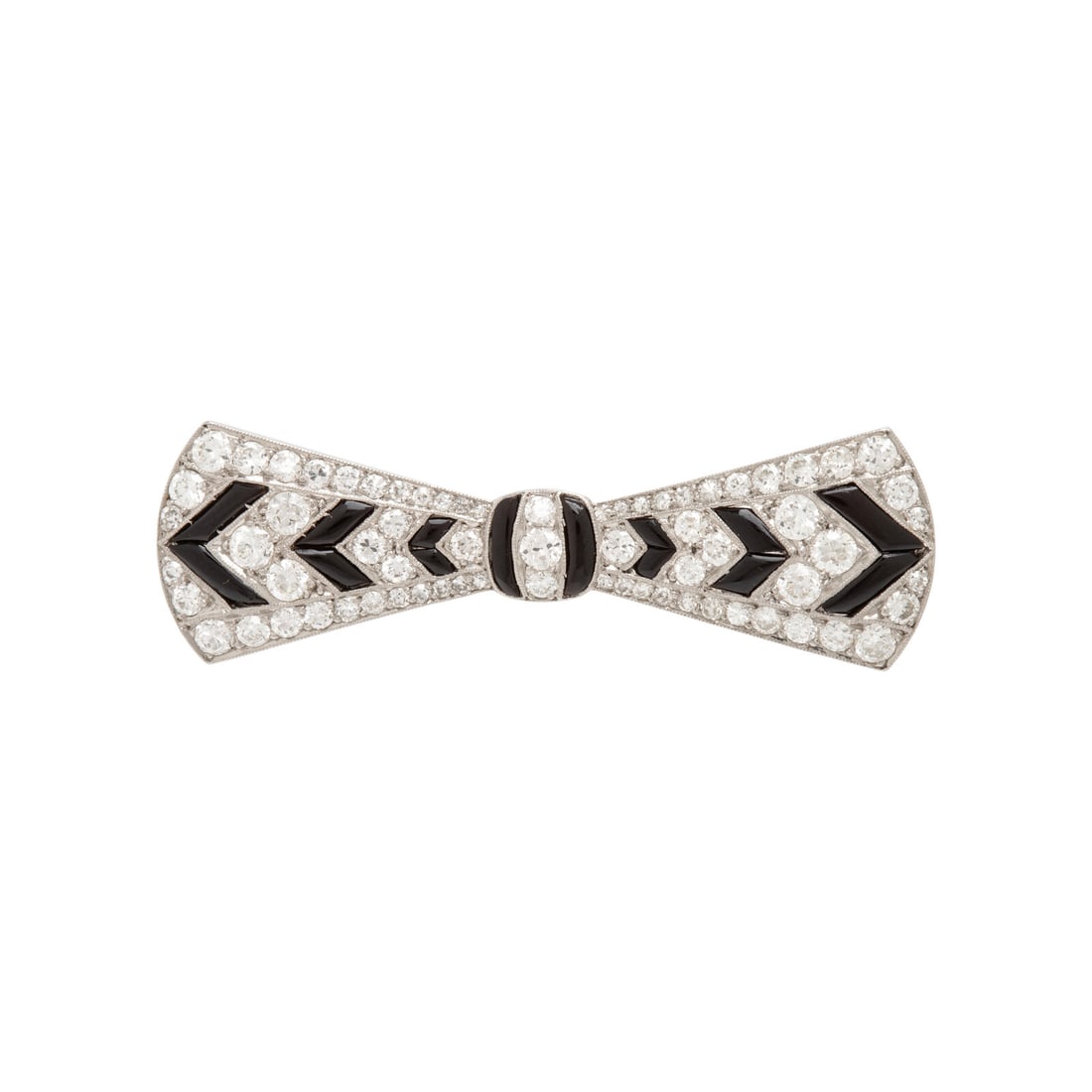 Tiffany & Co, Art Deco, Diamond, Onyx, and Platinum Bow Brooch: Tiffany & Co, Art Deco, Diamond, Onyx, and Platinum Bow Brooch Designed as a bow, set with old European cut and transitional cut diamonds weighing approximately 3.20 carats total, and cabochon black o