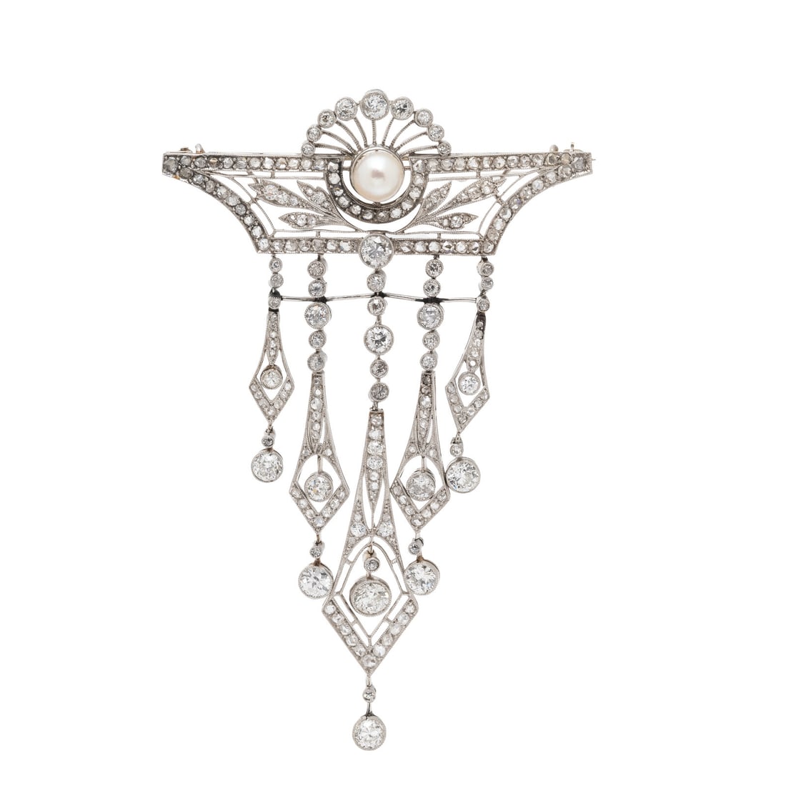 Edwardian, Diamond and Cultured Pearl Brooch: Edwardian, Diamond and Cultured Pearl Brooch The foliate motif top featuring a cultured pearl measuring approximately 6.80 mm, and suspending dangling drops set throughout with old European, single, a