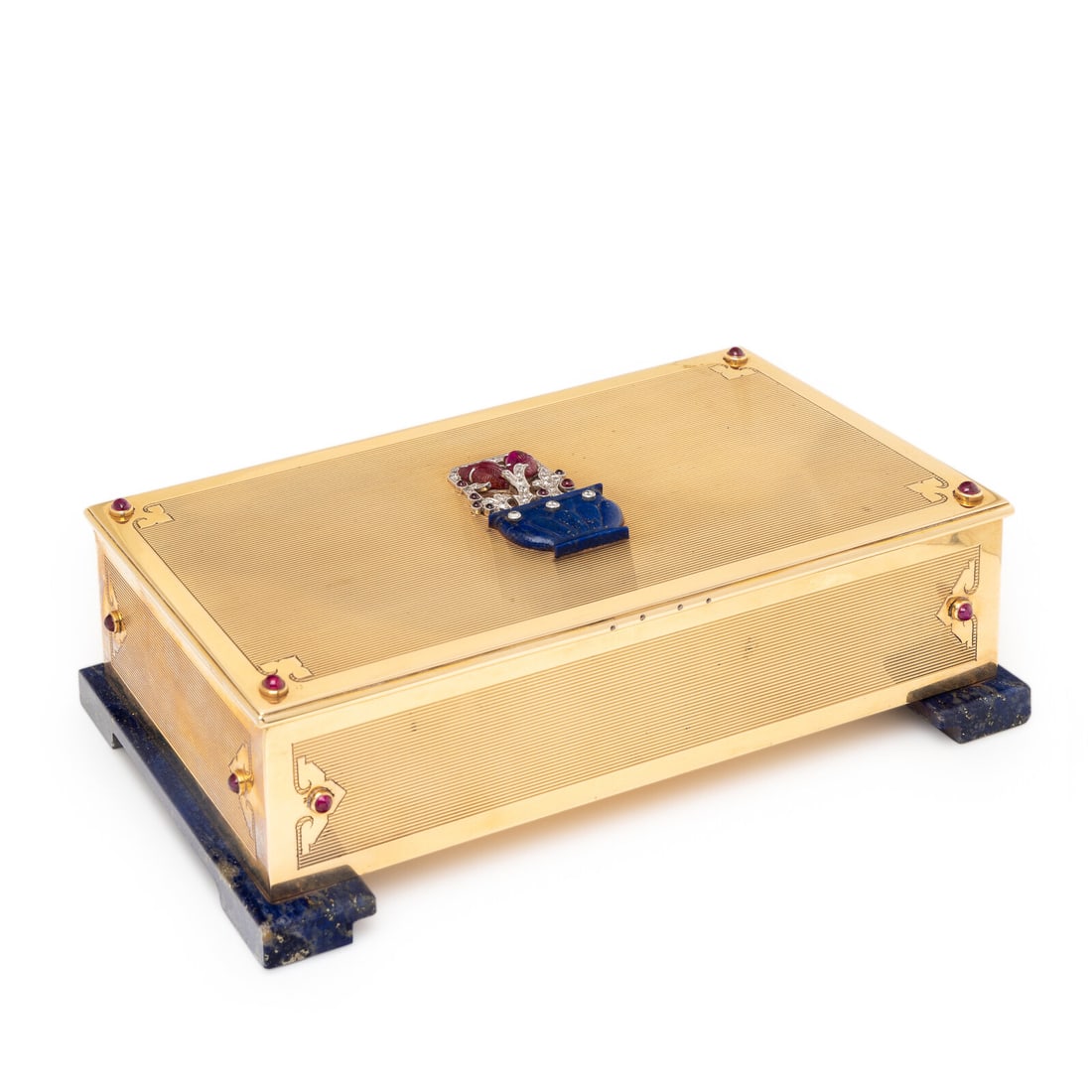 Cartier, Art Deco, Yellow Gold and Multigem Table Box: Cartier, Art Deco, Yellow Gold and Multigem Table Box Finely textured gold lid accented by an applied giardinetto motif designed as a flower basket set with lapis lazuli, carved rubies, and round bril