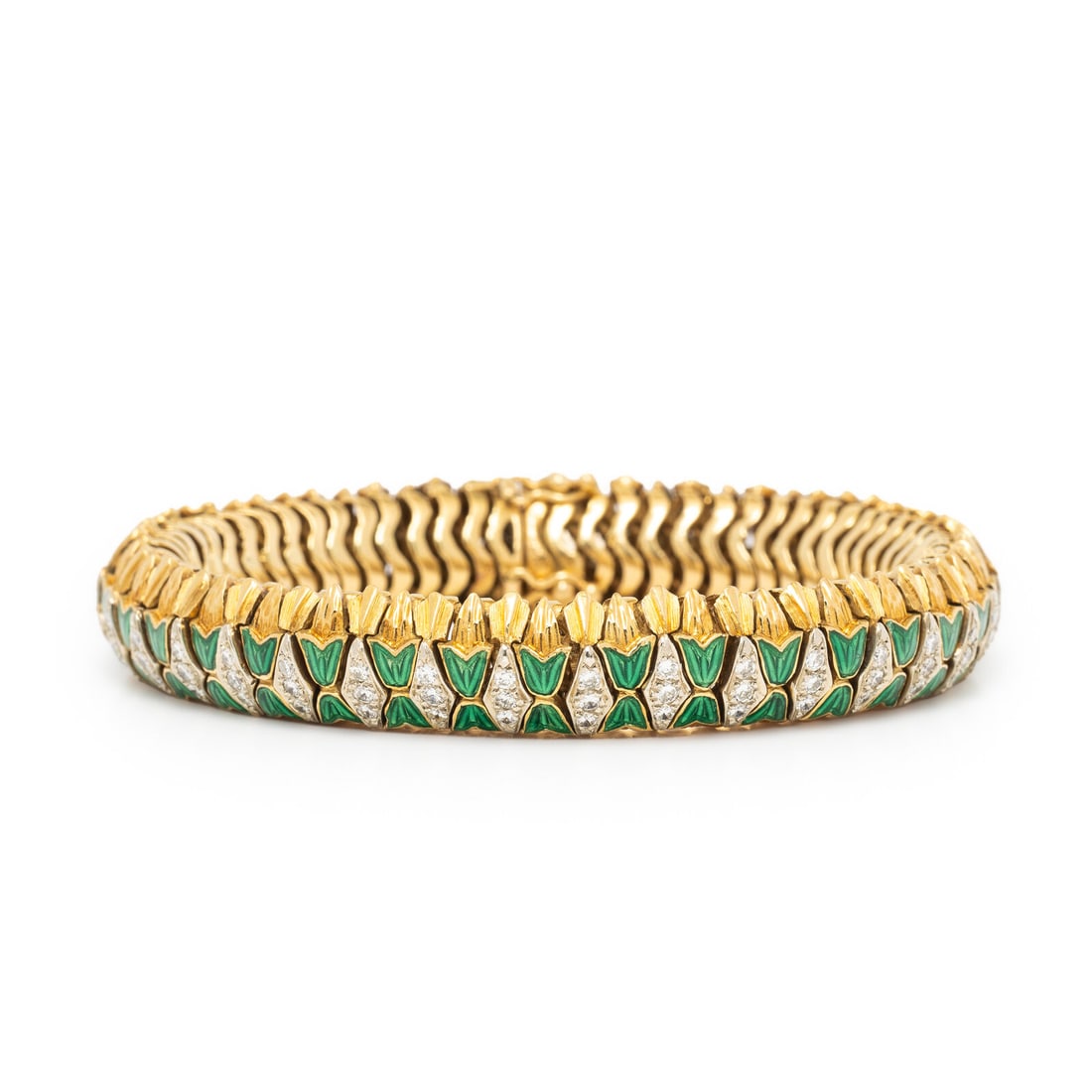 Diamond, Enamel, and Yellow Gold Flexible Bracelet: Diamond, Enamel, and Yellow Gold Flexible Bracelet Designed in a geometric pattern, featuring round brilliant cut diamonds weighing approximately 1.60 carats total, accented by green guilloché en