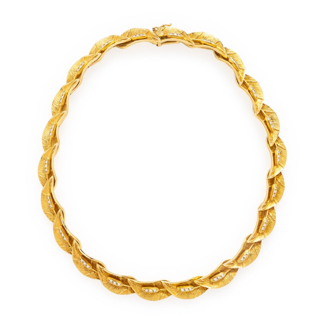 Mapamenos Natepas, Yellow Gold and Diamond Leaf Necklace: Mapamenos Natepas, Yellow Gold and Diamond Leaf Necklace Designed as leaf motif links set with round brilliant cut diamonds weighing approximately 1.15 carats total. Mounted in 18 karat yellow gold. 1