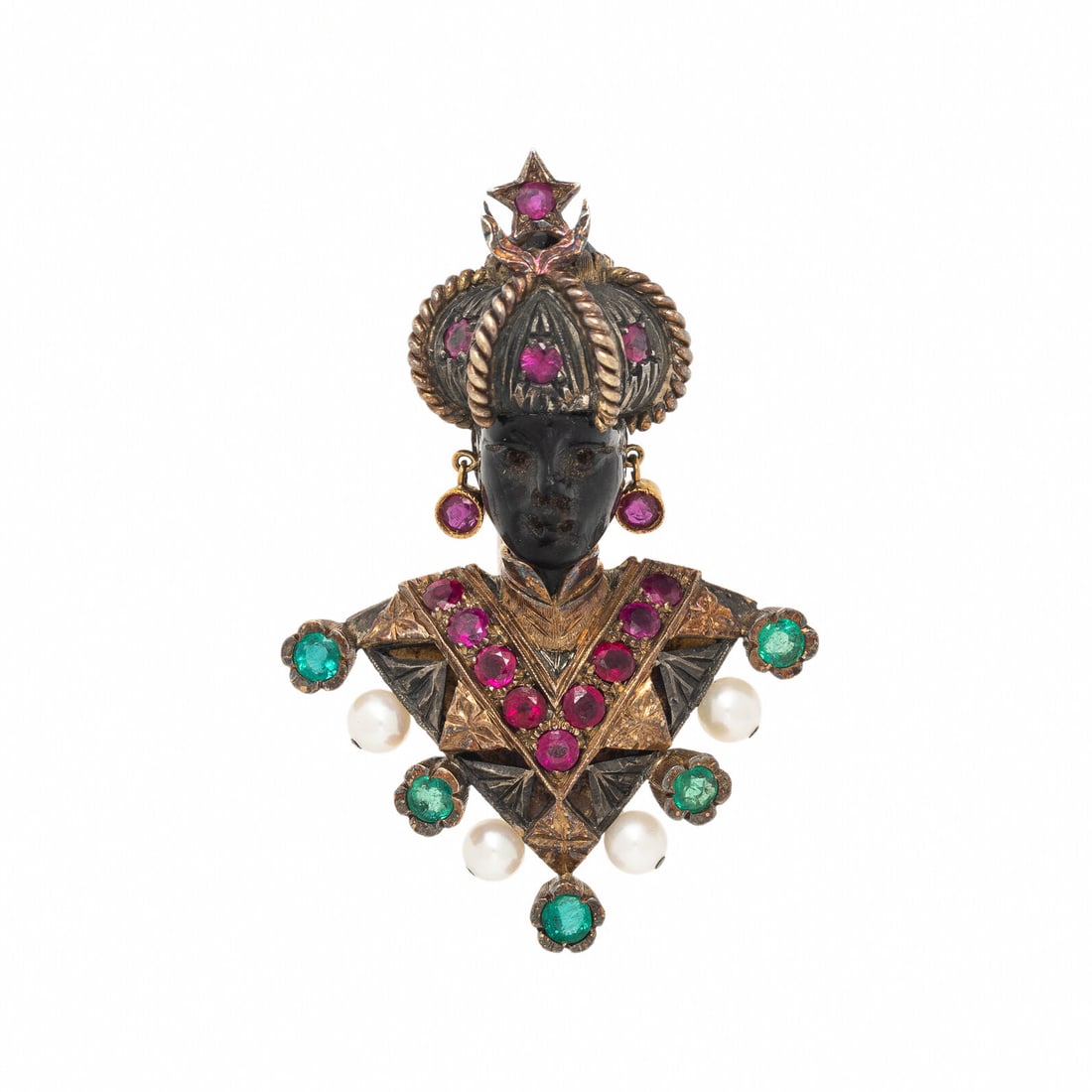 Nardi, Yellow Gold and Multigem Figural Brooch: Nardi, Yellow Gold and Multigem Figural Brooch In a figural design, set with round rubies, round emeralds, cultured pearls, and a rose cut garnet. Mounted in 18 karat yellow gold. 2 1/8 x 1 1/2 inches