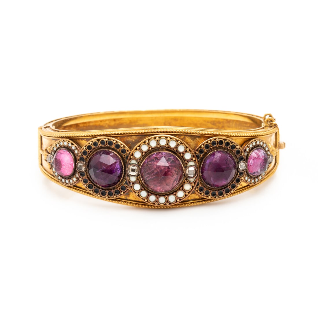 Carlo Giuliano, Etruscan Revival, Yellow Gold and Amethyst Bangle Bracelet: Carlo Giuliano, Etruscan Revival, Yellow Gold and Amethyst Bangle Bracelet Set with round rose cut foil-backed amethysts, square step cut gemstones, and black and white enamel, with applied milgrain a