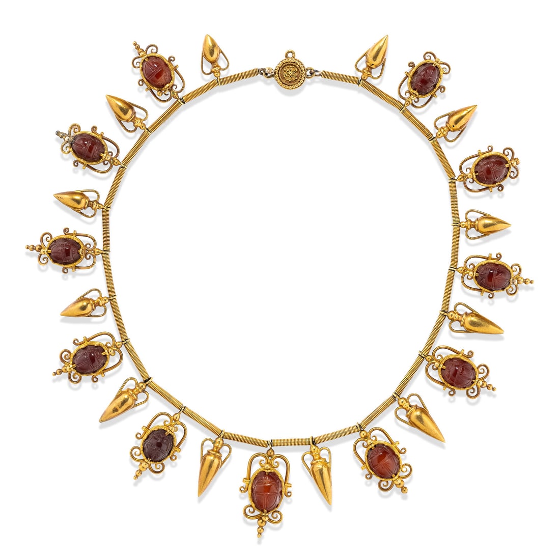 Victorian, Carnelian and High-Karat Gold Etruscan Revival Choker Necklace: Victorian, Carnelian and High-Karat Gold Etruscan Revival Choker Necklace Set with oval cabochon carnelian measuring approximately 8.50 - 11.00 x 6.50 - 8.50 mm carved to resemble scarabs, the reverse