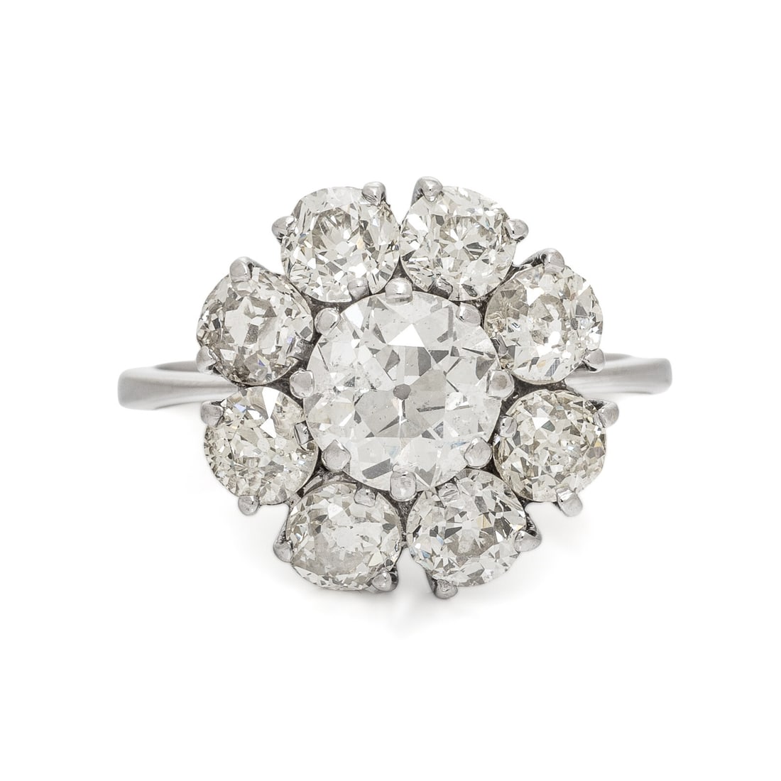 Diamond and White Gold Cluster Ring: Diamond and White Gold Cluster Ring Featuring an old European cut diamond weighing approximately 1.30 carats, surrounded by a halo of old European cut diamonds weighing approximately 2.15 carats total