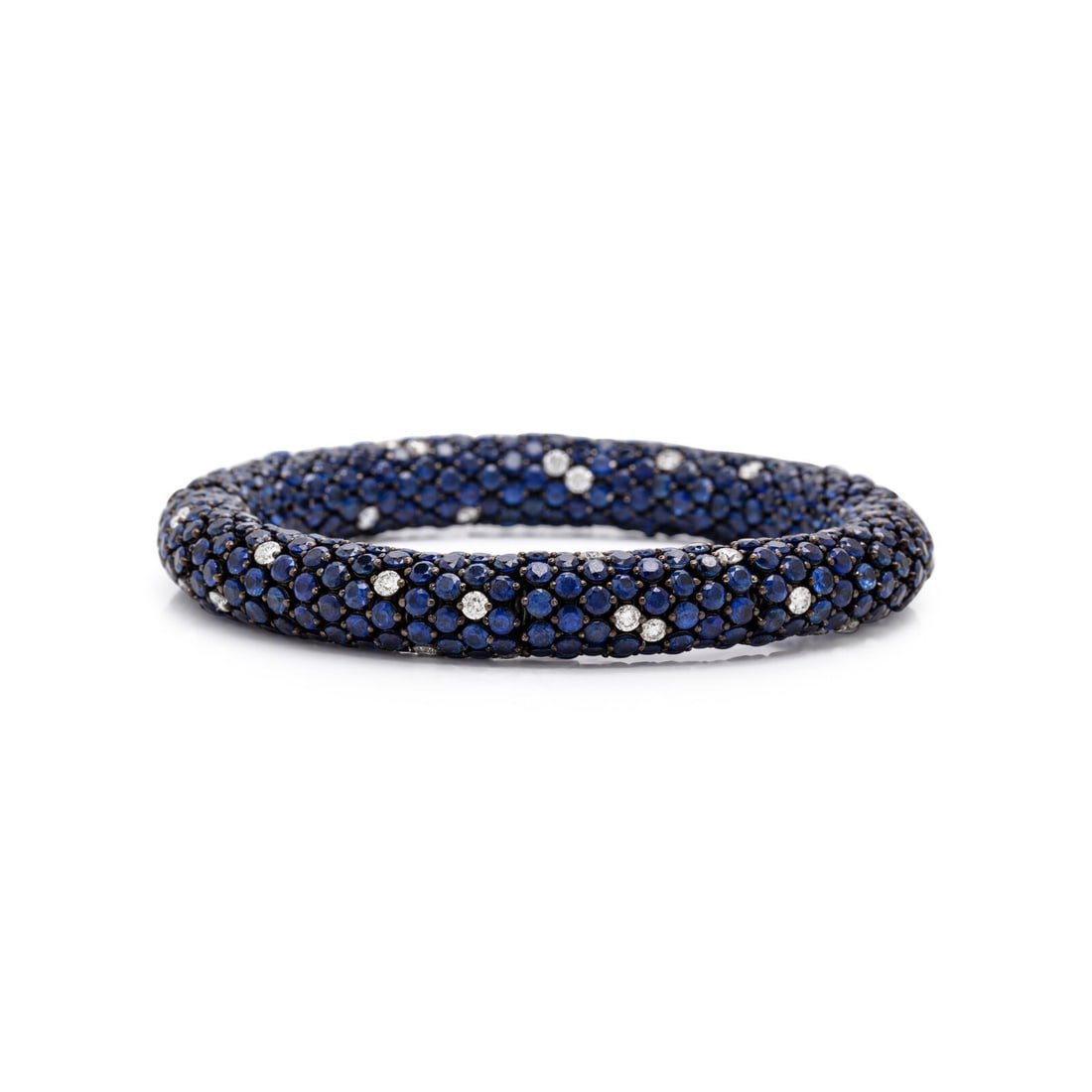 Robert Procop, Sapphire, Diamond, and Blackened Gold 'Eternity Celebration' Bracelet: Robert Procop, Sapphire, Diamond, and Blackened Gold 'Eternity Celebration' Bracelet Flexibly constructed with rondelles set with round sapphires weighing approximately 50.71 carats total and round br